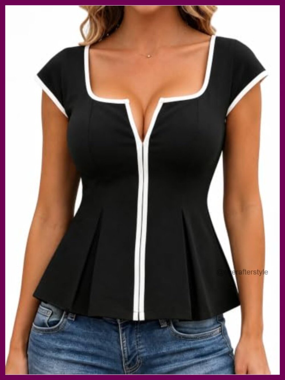 Women's Square Neck Peplum Blouse Cap Sleeve Zip Front Business Casual Top